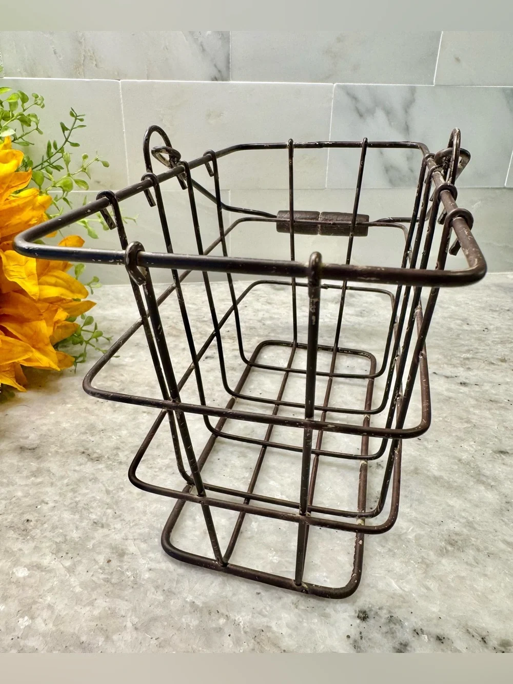 New Rustic Distressed Brown Metal Basket Organizer Holder Decor 8” x 5” x 4.75”